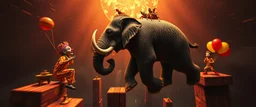 clowns lying when he repeats everything you say, bear ant eater elephant floating in 4 dimensional platform game, goa trance movie poster, stylized art, pin hole photo, motion blur