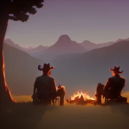 Two old cowboys are sitting at the campfire. Mountain lions attack them.