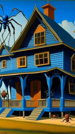 A blue house with speedy spiders designed in Japanese Oni masks painted by Thomas Hart Benton