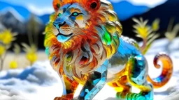 A colorful crystal lion on the snow