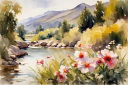 Sunny day, flowers, mountains, river, epic, john singer sargent watercolor paintings