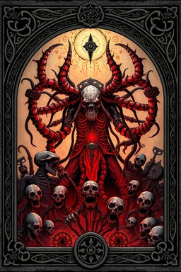death tyrant beholder with zombie horde framed with spiral keys and sigils and celtic symbols