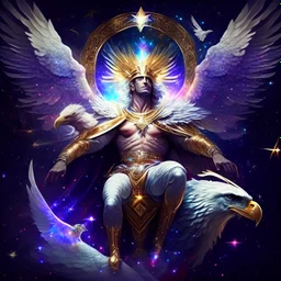 God-like man with infinite power who owns the galaxies and wears a beautiful crown, a jewel of diamonds and galaxies with weapons riding on a creature with an eagle head and eagle wings and eagle hands