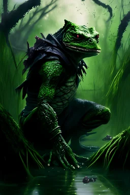 10k hyper realistic detailed Reptile the masked green reptilian ninja assassin using his poisonous claws and camouflage to hunt (mortal Kombat) in a dark swamp emerging from muddy swampwater