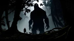 gigantic monster's shadow(silhouette) in the dark forest, far distance, realistic horror, realistic art, lovecarft style art