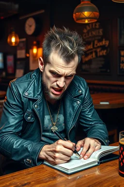 A very angry and bitter punk rocker sitting on a pub looking very angry, writing in his notebook new songs for his punk rocker band