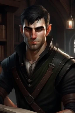 strong young half orc male who works at a tavern with short hair realistic wearing black clothing thin and bookish