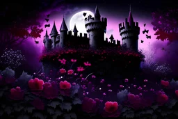 dark black castle, garden with purple, red and white flowers