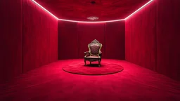 Create an image in the style of a surreal, futuristic painting. Envision a room with walls, floor, and ceiling entirely covered in a deep, rich red velvet fabric. The texture should appear luxurious and tactile, inviting the viewer to touch. In the center of the room, a solitary, ornate chair with gilded accents sits atop a circular, crimson rug. The chair's design should evoke a mix of Victorian-era opulence and futuristic, high-tech elements. Above the chair, a faint, pulsing glow emanates fro