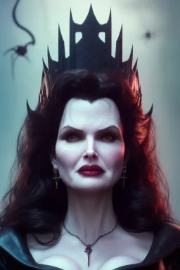 Geena Davis as evil queen in black leather, leather, busty, cleavage, angry, rage, stern look. character design by cory loftis, fenghua zhong, ryohei hase, ismail inceoglu and ruan jia. unreal engine 5, artistic lighting, highly detailed, photorealistic, fantasy