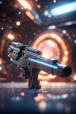 birth gun , in front of space portal dimensional glittering device, bokeh like f/0.8, tilt-shift lens 8k, high detail, smooth render, down-light, unreal engine, prize winning