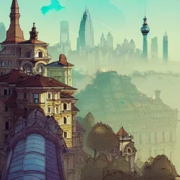 Skyline+Trainstation on cliff+Beaux Arts architecture,+palladio+detailed facades+uphill road+trees+ biopunk+Bueno Aires+turin+trieste+Book illustration by Gediminas Pranckevičius, Jean Baptiste Monge, Brian Kesinger, Anton fadeev, Kilian Eng, strong lines, high contrast vibrant colors, highly detailed, 16k resolution, trending on behance