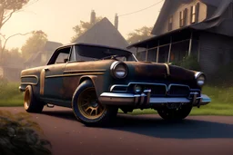 pristine flathead ratrod parked in front of an old house, medium shot, pixar style, sharp, very detailed, hires, volumetric lighting, volumetric clouds, hdr, uhd, 8k, renderman render, studio ghibli, art by greg rutkowski