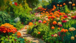 A sunlit garden with flowers in full bloom, showcasing a realistic and colorful canvas of nature's artistry. Realistic, Colorful Art, Paint, Nikon D750, 50mm prime lens, f/4.0 aperture, afternoon, impressionistic, Acrylic on Canvas.