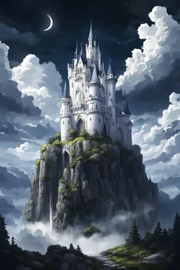Fantasy white castle, gothic stlye, on top of a mountain, surrounded by clouds, during the night. Anime scenery