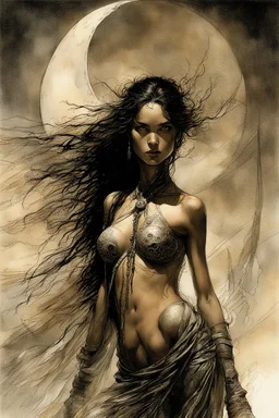 Hyper-photorealistic watercolor art style by Luis Royo & Stephan Martiniere, Surreal fine art etching of a figure by Luis Royo, tanned skin inscribed with the transient story of mortality, ethereal light playing with its form whispering tales of an eternal realm, eyes, black as the depths of the night, ardently pinand looking towards the endless skies, of black hair mirroring the mystery of the cosmos around, whole scene tinged with an ethereal softness from volumetric lighting, hues gr,