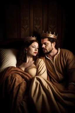 A king and queen both beautiful innocently on the bed about to go to sleep