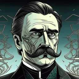 Futuristic, cyberpunk implants, Friedrich Nietzsche, Friedrich Nietzsche mustache, Comic style