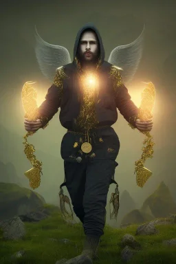 running berserker portrait , no face, black jogging suite , in the night Alps , holding coins , angels background, volumetric gold light, high detail, dark leaf tree, dark mountains in background, perfect