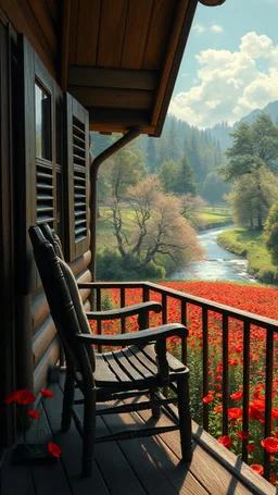 Bosch painting style nightmare , 3D , a chair in the balcony of wooden house in the vally of fields of red flowers and river stream trees in the background, high Quality picture , 8k