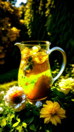 A tall pitcher of iced tea, with slices of lemon and peach floating inside, surrounded by a lush garden of blooming flowers.