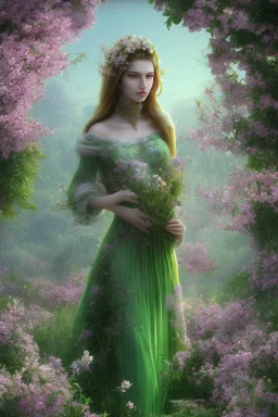 very nice real face beautiful sexy roman with make up standing in garden of Pomegranate and pear trees blossom, The almond trees wither, It's spring and it's summer, spring with green plants covering ground.