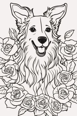 modern cartoon drawing style high contrast coloring page of a jumping dog with long hair, surrounded by roses, close up head shot, dynamic pose, upper body portrait, illustration, adult coloring page, thick outline, no details