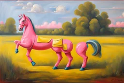 Big pink plastic toy horse.19th painting