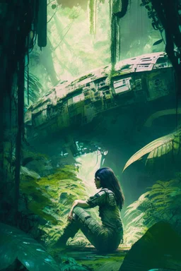 woman kneeling in a jungle glade with dense foliage, sitting under a huge space freighter, wide angle