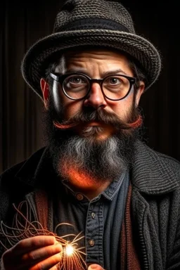 Man with a wire in his hand, hardrocker, glasses, hat, little beard, firestarter