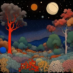 Peaceful, Max Ernst, night sky filled with galaxies and stars, planets, trees, flowers, one-line drawing, sharp focus, 8k, 3d, intricate, rich colors