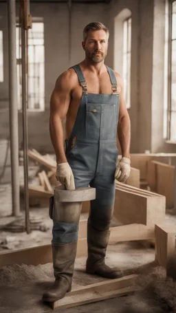 short, burly beefy robust italian bricklayer painter 40 years old, short hair, short blond beard, shirtless in bulging overalls, big calves, photorealistic, side light, inside a building under construction