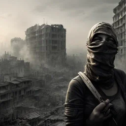 women, faces covered in black masks, ragged clothes, holding flag, war-torn, destroyed city in the background, 8k resolution, hyperrealistic, detailed matte painting, b&w, dynamic lighting, war, anarchy, terrorists