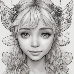 realistic FAIRY, adult, face view, cute, smile, beautiful, full view, realistic, coloring page, only draw lines, coloring book, clean line art, wildlife-inspired, kid style, –no sketch, color, –ar 3:4, white background, minimalistic black lines, 8k, minimal black color, low level black colors, coloring page, use pure black and white colors, avoid thick black colors, thin black line art, avoid colors, perfect shape, perfect clear lines, clear edges, white background,