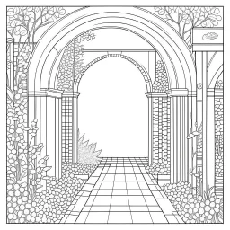 GARDEN HOUSE, Through the Arbor: Venture into the Garden House through beautiful archways, full view, realistic, coloring page, only draw lines, coloring book, clean line art, wildlife-inspired, kid style, –no sketch, color, –ar 3:4, white background, minimalistic black lines, 8k, minimal black color, low level black colors, coloring page, use pure black and white colors, avoid thick black colors, thin black line art, avoid colors, perfect shape, perfect clear lines, clear edges,