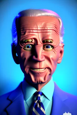 Waist up Portrait, joe Biden as muppet doll, Blue suit retro style, photo studio, blue background, unreal engine 5, concept art, art station, god lights, ray tracing, RTX, lumen lighting, ultra detail, volumetric lighting, 3d.