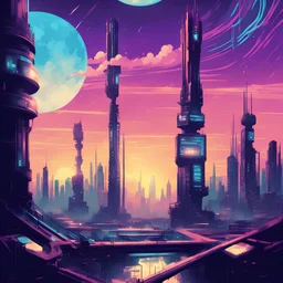 Сommunication towers in poster retro cyberpunk style