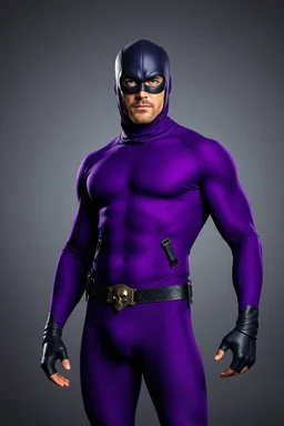 full-length, A portrait of a the Phantom, a man with piercing blue eyes, a chiseled jaw, goatee, timeless face, stern expression, Wearing a skintight formfitting purple cotton hero suit with a skintight cowl with a widows peak that fits tight to his head, but does not cover his face, he wears a thin, black leather, bandit eye disguise over his eyes, black and blue diagonally striped trunks, dual-holstered pistol belt adorned with a triangle skull-shaped buckle with leg straps, knee-high boots