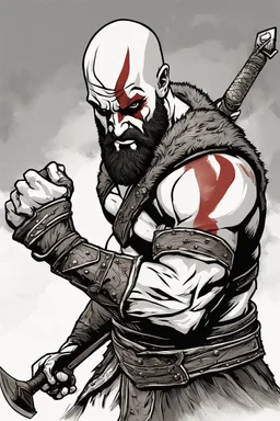 Generate a detailed and dynamic digital illustration of Kratos, the iconic character from the God of War video game series. Ensure that Kratos is portrayed in a powerful and imposing stance, wielding his signature weapon, the Leviathan Axe, with dramatic lighting that emphasizes his strength and determination. Pay attention to capturing the intricate details of his armor, facial expression, and any surrounding elements that enhance the epic and mythical atmosphere of the scene