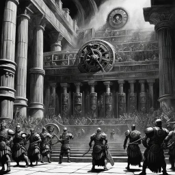 [art by Ray Harryhausen] Amidst the Roman celebration, a mysterious mechanism lurks in the shadows, a creation of gears and steam that moves with an otherworldly grace. As the legionaries and revelers dance and celebrate, the mechanism hums to life, its intricate parts whirring and spinning in a mesmerizing display of technological prowess.