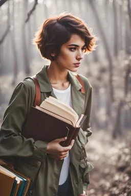 portrait pint of color photo of a student girl 22 years old ,short hair with her books in her hand walking in magic jungle in trees