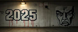 background of firing squad execution wall(wet textured concrete, gray, old, cracked, billet holes, blood stained, 1 wall light) from underground parking, german style, a large blocky upside down "2025" painted on left(old faded paint, red stains running down and past), cyberpunk, to the right a larger mural(eyes cropped above nose, angry and scornful, trump, black and white, running paint)