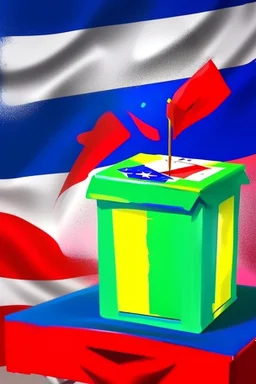 painting of an election in a nation between the Red Party, Blue Party, yellow Party, Green Party and Pink Party