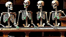 Partial hallucination. Six images of skeletons on a piano