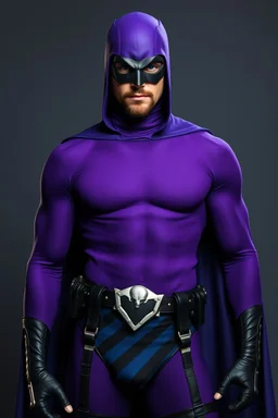 full-length, A portrait of a the Phantom, a man with piercing blue eyes, a chiseled jaw, goatee, timeless face, stern expression, Wearing a skintight formfitting purple cotton hero suit with a skintight cowl with a widows peak that fits tight to his head, but does not cover his face, he wears a thin, black leather, bandit eye disguise over his eyes, black and blue diagonally striped trunks, dual-holstered pistol belt adorned with a triangle skull-shaped buckle with leg straps, knee-high boots