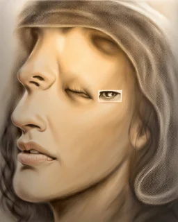 dibujo en grafito realista de rostro mujer 35 años pelo negro suelto tres cuartos perfil mira frente leve sonrisa