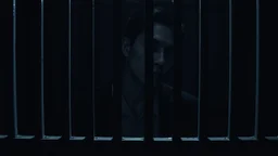 close up parallel prison bars in foreground, hidden human face partially visible through the window bars, dark prison cell behind him, vertical shadows in background, ultra realistic, dark atmosphere, high contrasts, cinematic