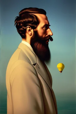 poetical, surreal minimalistic artwork, a 40 years old man with a huge beard filled with coloured musical notes, side light, side view, photorealistic, in the style of Max Ernst, Renè Magritte,