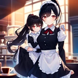 girl, masterpiece, best quality, cinematic lighting, detailed outfit, perfect eyes, black hair, red eyes, long hair, ponytail, in modern world, cafe setting, maid inspired outfit, vibrant colors, warm lighting, soft focus, watercolor textures,