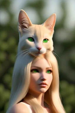 Clear focus,High resolution,High quality, Blonde long hair, green eyes, cat ears, Realistic